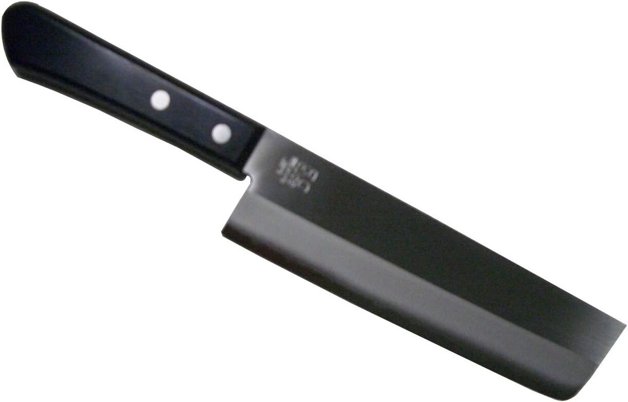 The image shows a Nakiri-style kitchen knife with a broad, rectangular blade and a black handle. The blade has a smooth, straight edge and is typically used for chopping vegetables. The handle is attached with two rivets, indicating a full-tang construction. The product name or series/number is not clearly visible in the image.