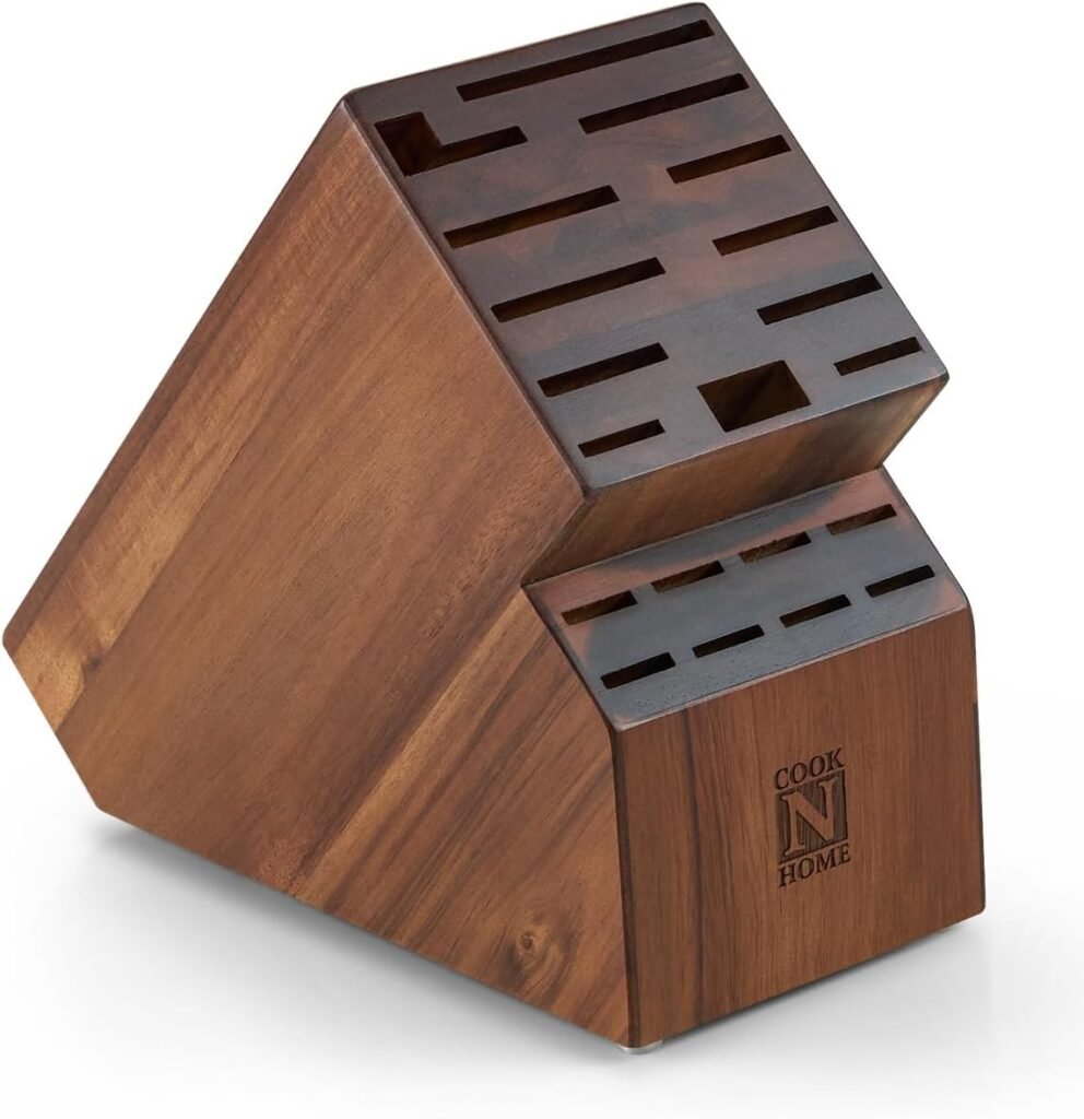 A wooden knife block from Cook N Home, designed to hold a variety of knives and kitchen tools. The block features multiple slots of varying sizes for different knife types, and a sturdy, angled design for easy access and safe storage.