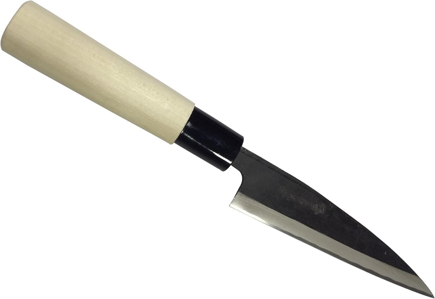 The image shows a kitchen knife with a light wooden handle and a dark blade. The blade has a sharp, pointed tip and appears to be made from high-quality metal, possibly carbon steel. The handle has a smooth, light-colored finish. The knife design suggests it could be a traditional Japanese knife, but the product name or series/number is not visible in the image.