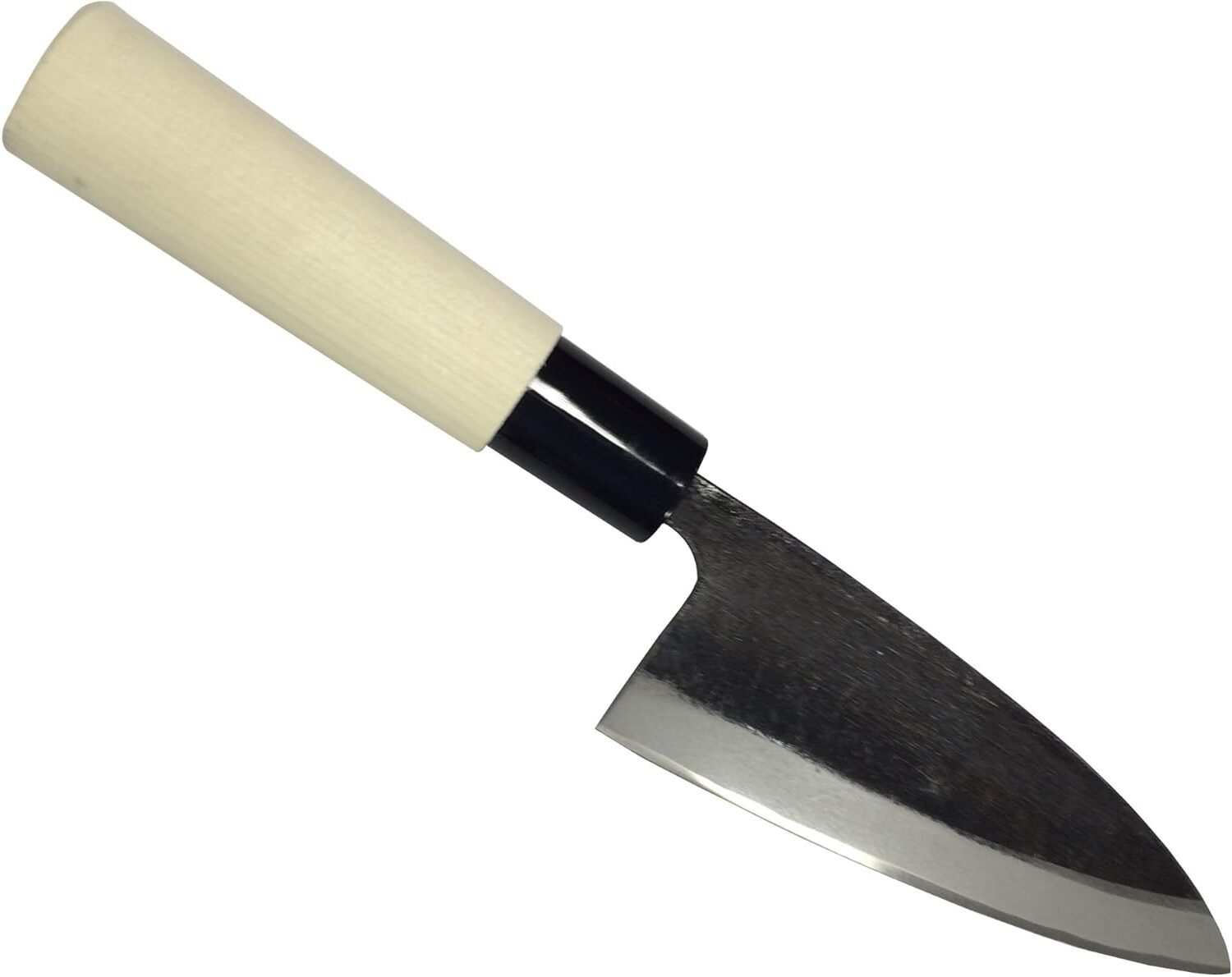 The image shows a Japanese-style knife with a broad, pointed blade and a light-colored wooden handle. The knife has a minimalist design, featuring a polished blade and a simple handle, which is typical of traditional Japanese kitchen knives. No specific product name or series number is visible.